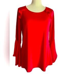 Susan Graver Liquid Knit Orange Ruffle Tunic with Flute Sleeves Sz XXS